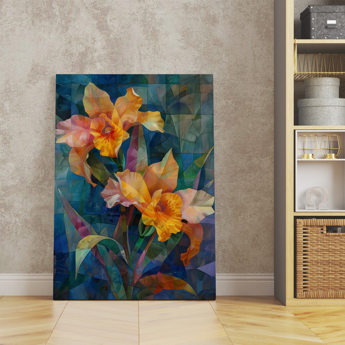 Golden Orchids in Stained Glass Mosaic Botanical Style Art Poster - Image 3