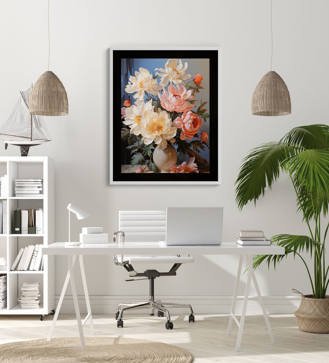 White and Pink Peonies in a Vase Classic Floral Bouquet Poster - Image 3
