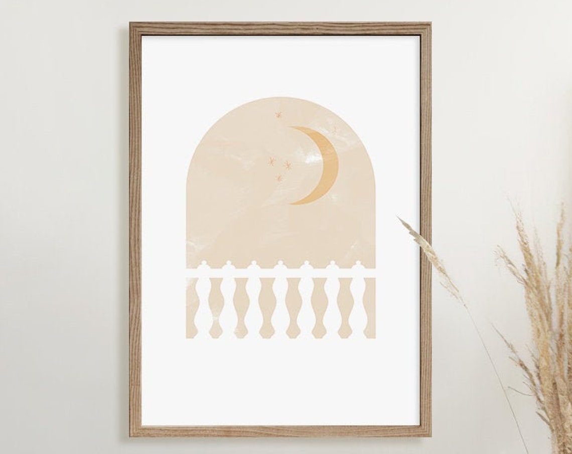 Crescent Moon and Stars Over Balustrade Arch Dreamy Night Art Poster