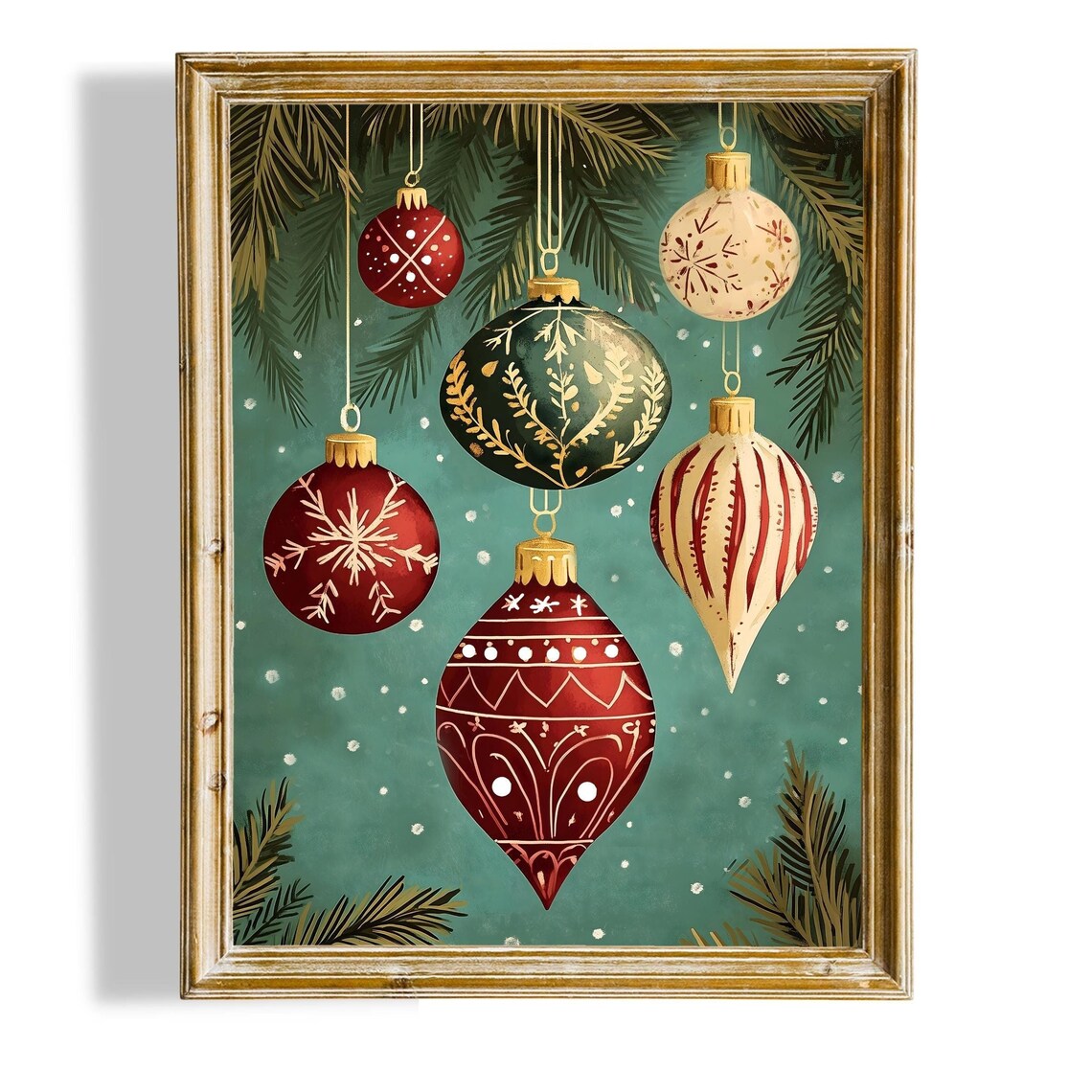 Vintage Christmas Ornaments Hanging Pine Branches Teal Art Poster