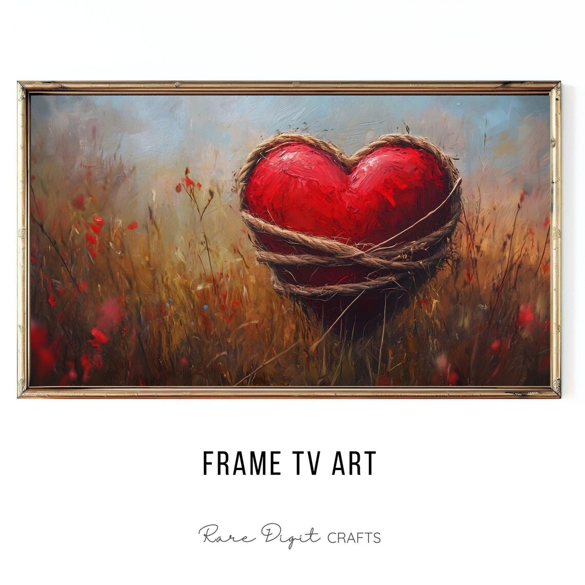 Red Heart Wrapped Twine Poppy Field Textured Oil Painting Poster
