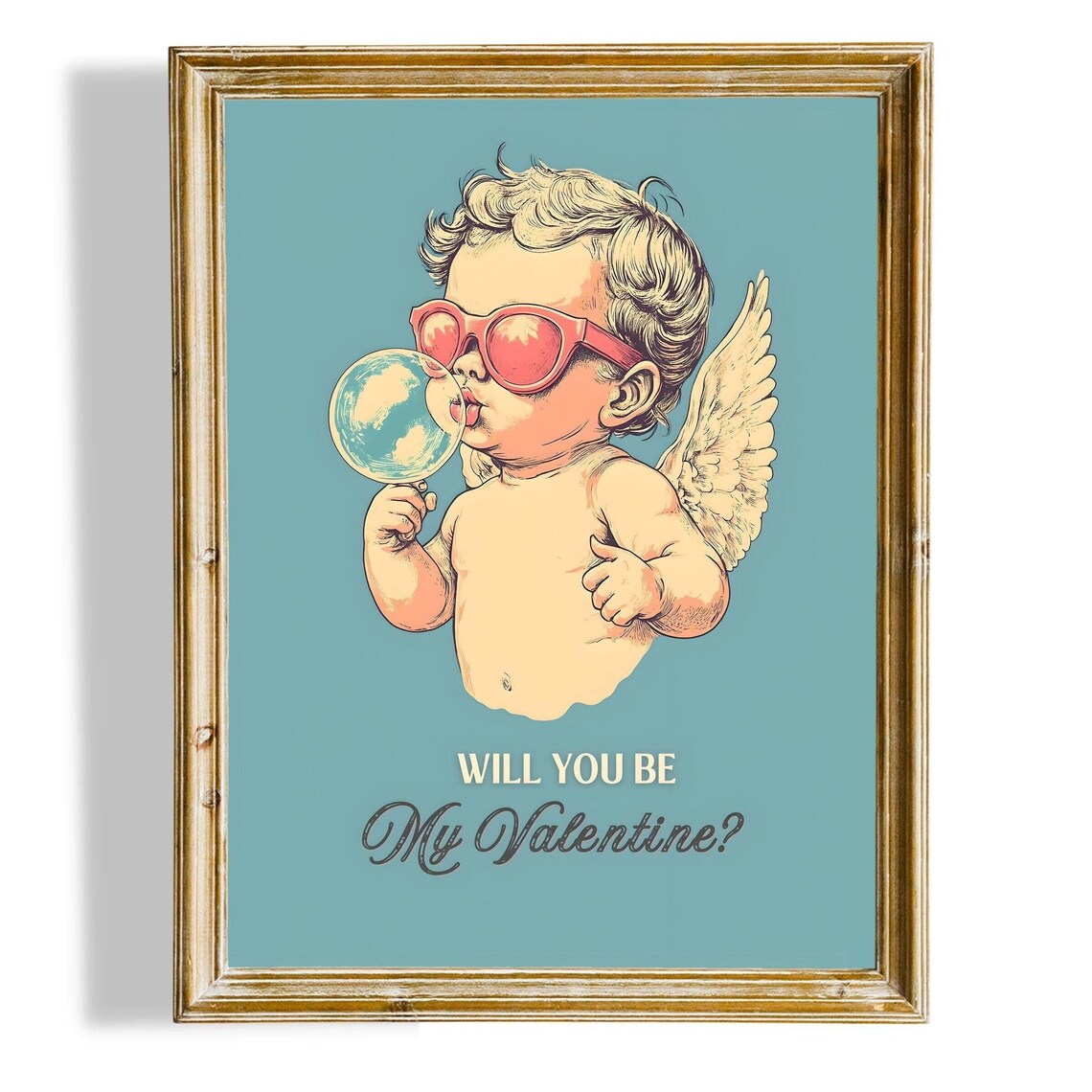 Retro Cupid Blowing Bubble Pink Sunglasses Will You Be Mine Poster