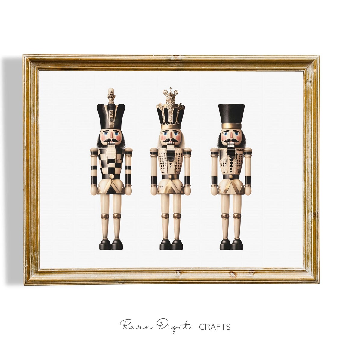 Three Vintage Nutcrackers In Black Gold And Cream Christmas Print