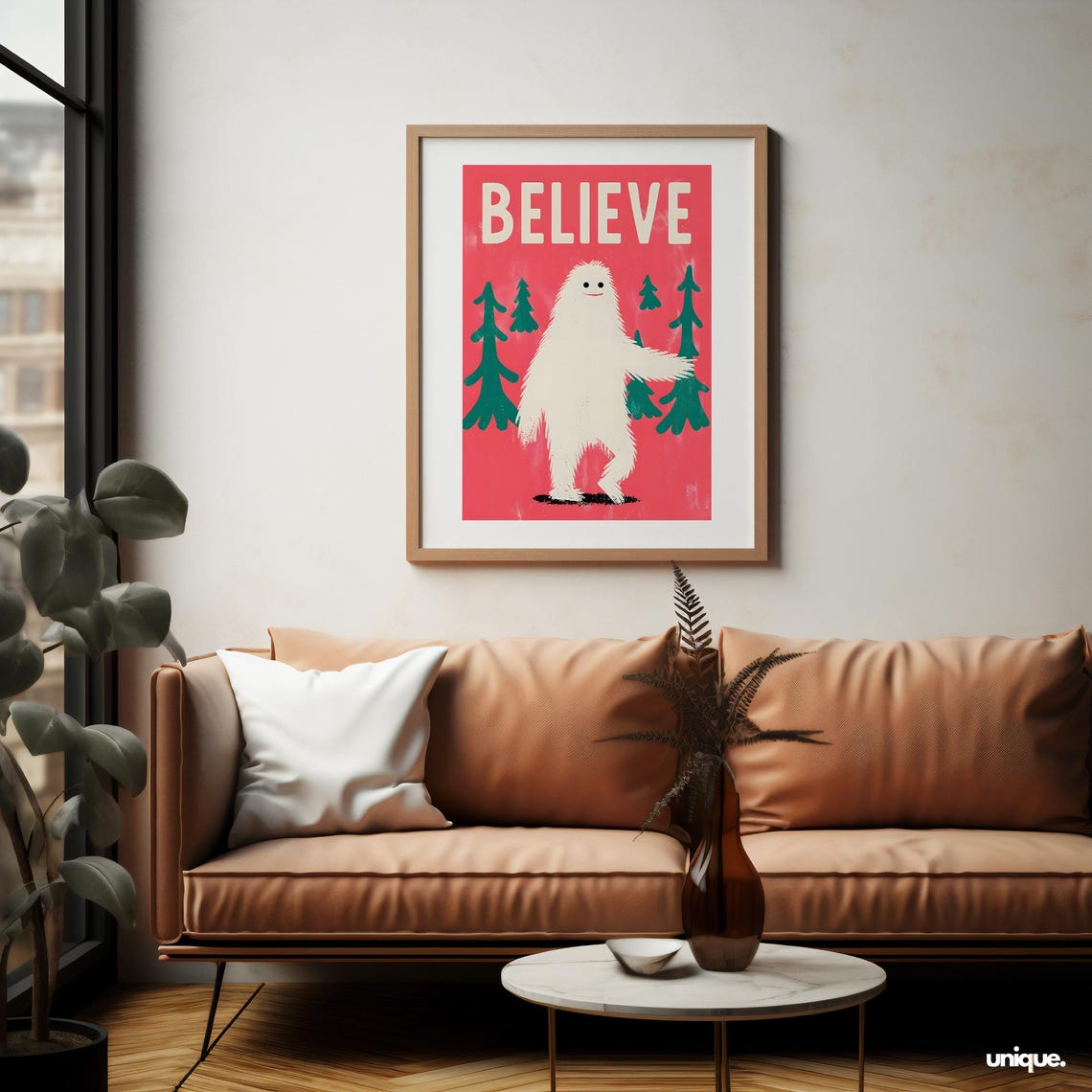 Believe White Yeti Retro Pink Christmas Winter Holiday Art Poster