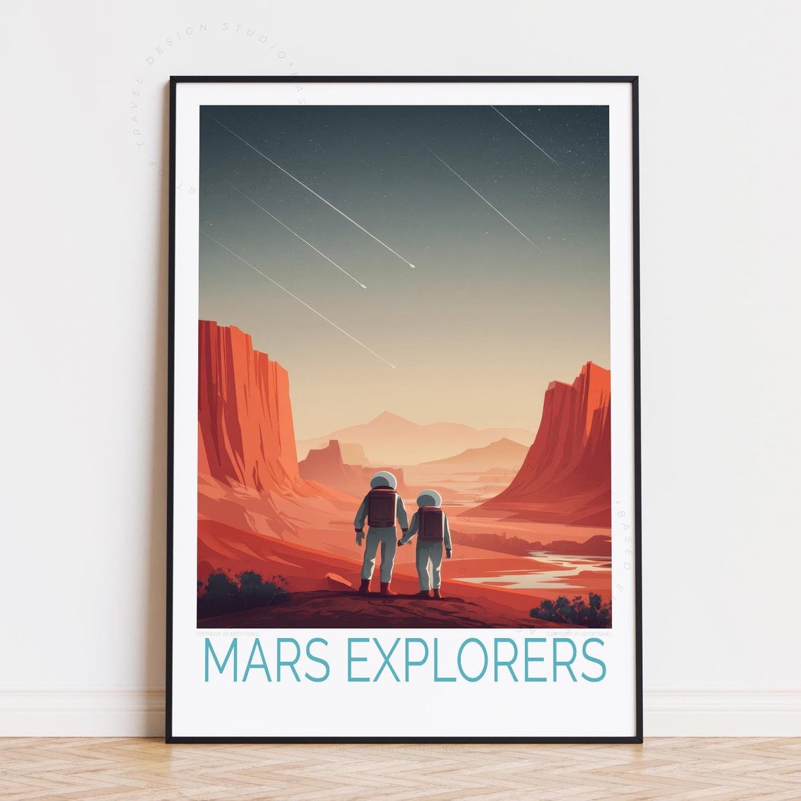 Mars Explorers Retro Space Travel Poster Astronauts In Canyon