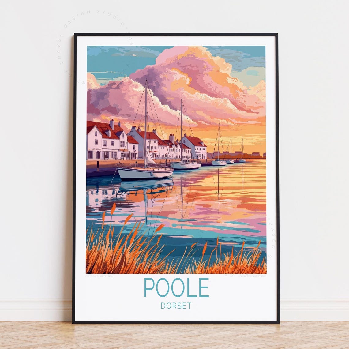 Poole Dorset Quayside Cottages Sunset Reflections Travel Art Poster