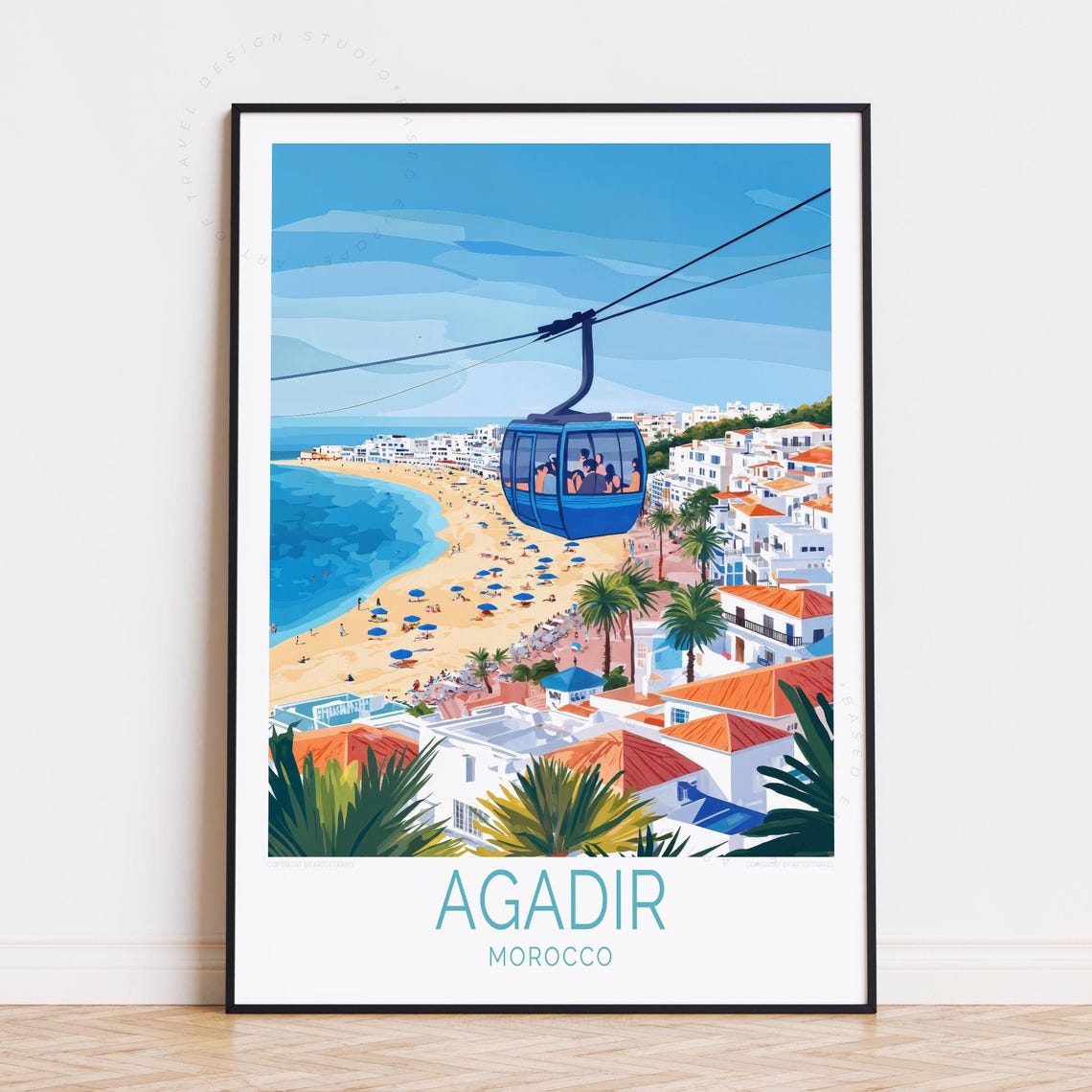 Agadir Morocco Blue Gondola Over Beach And Town Travel Poster