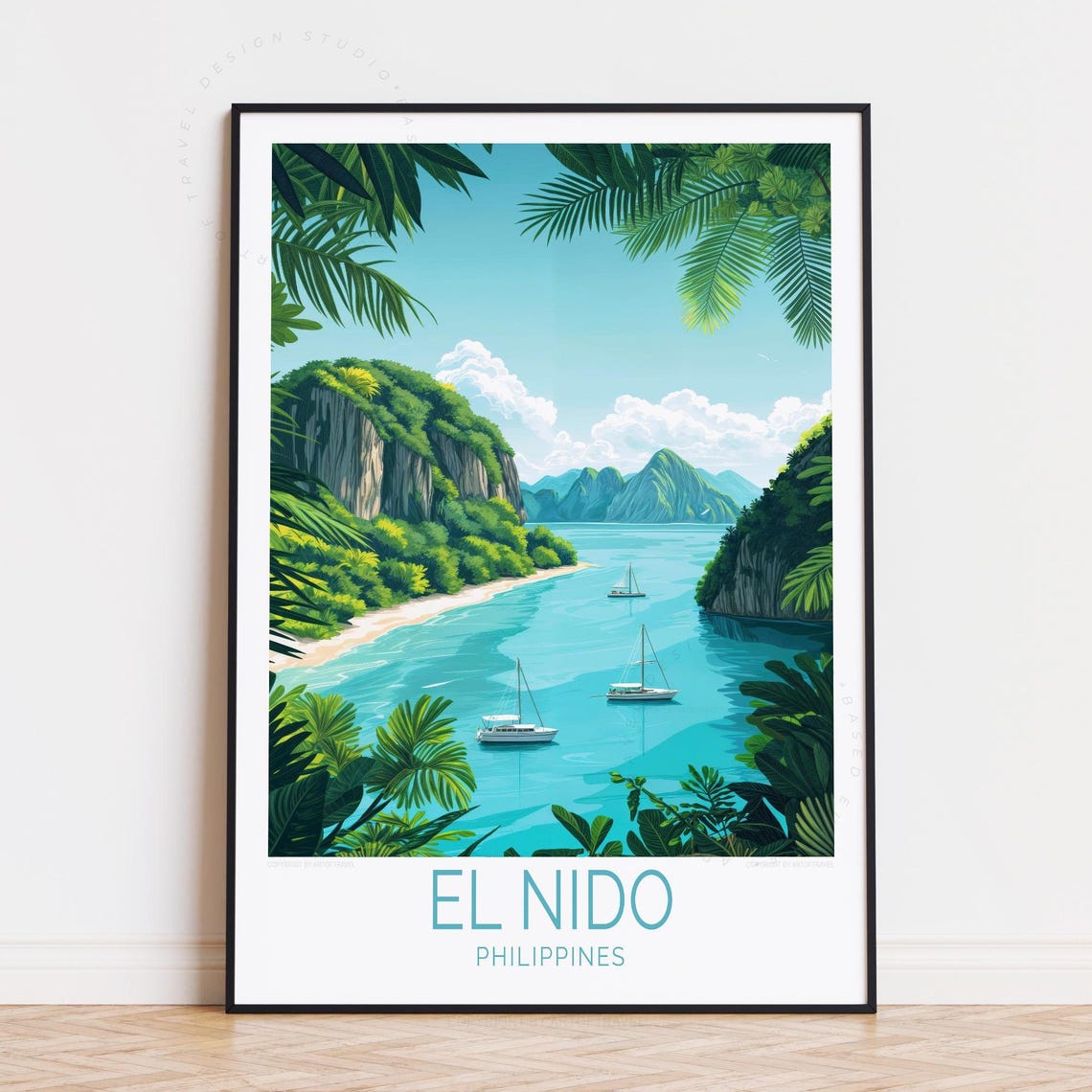 El Nido Philippines Tropical Bay Sailboats Vintage Travel Poster
