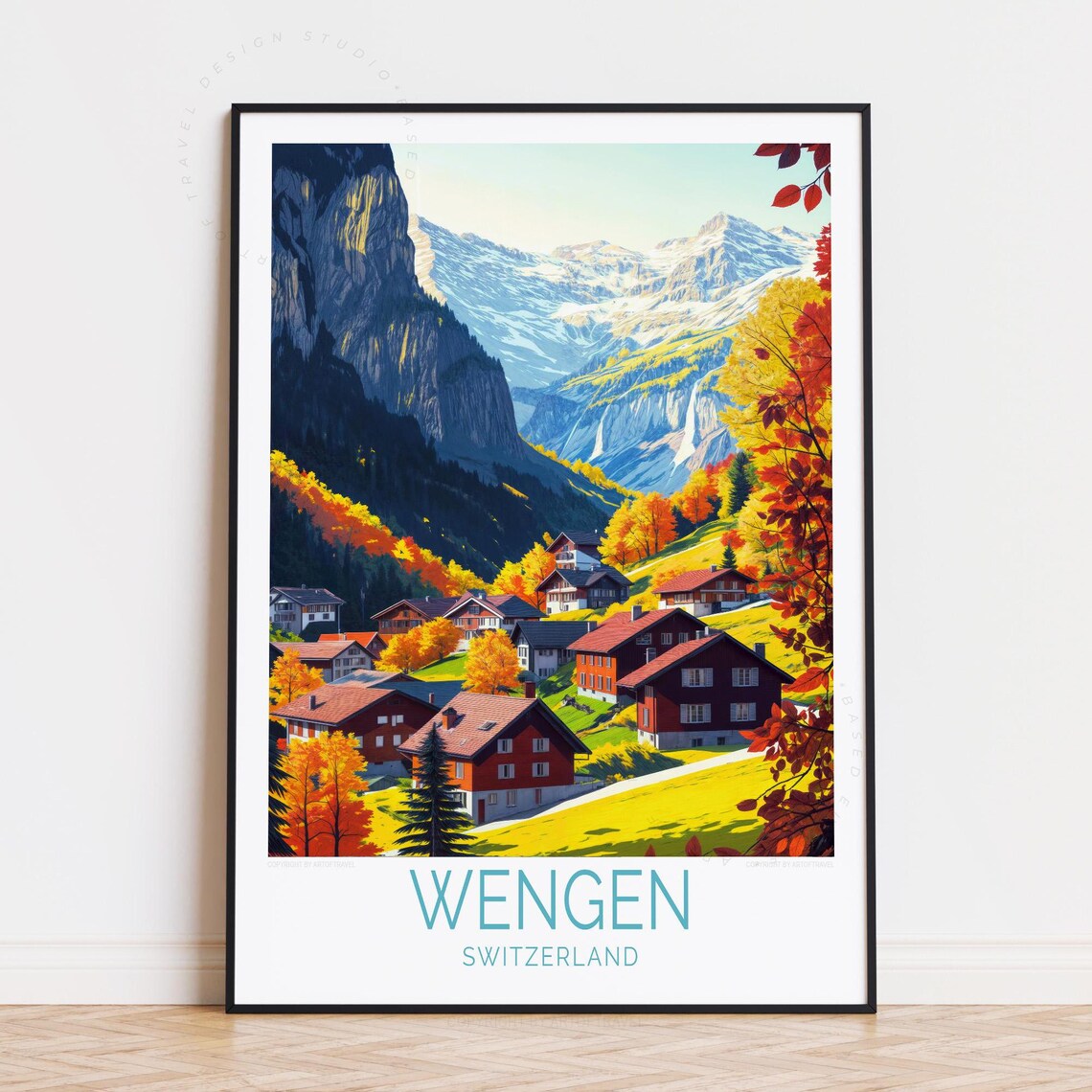 Wengen Switzerland Alpine Village Autumn Peaks Chalets Travel Poster