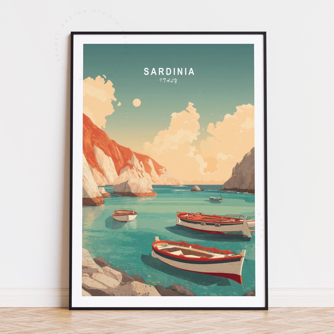 Sardinia Italy Turquoise Bay Boats Cliffs Mediterranean Poster