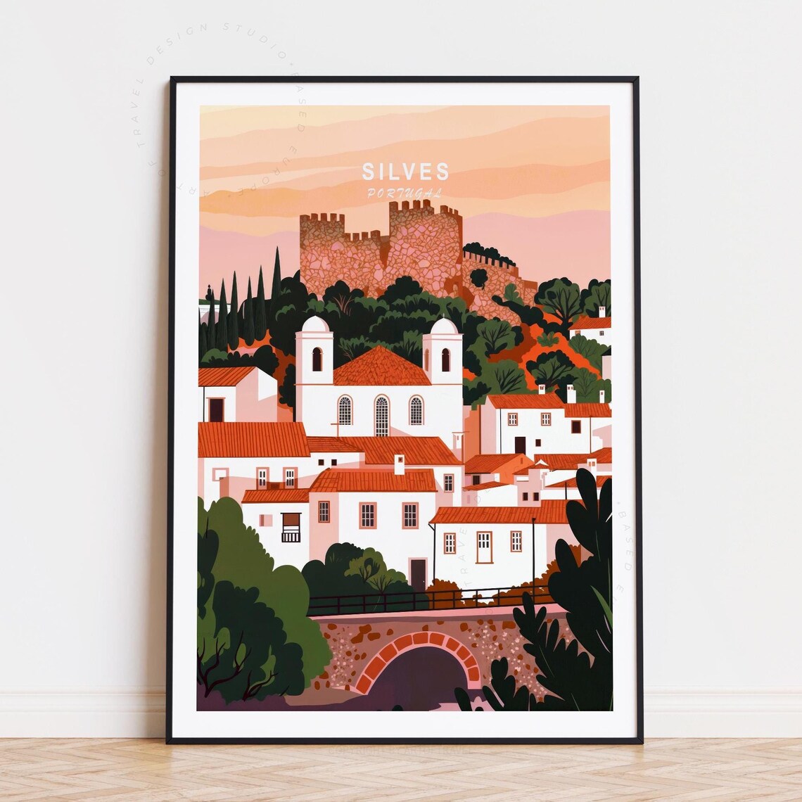 Silves Portugal Castle Village with Stone Bridge Sunset Travel Poster