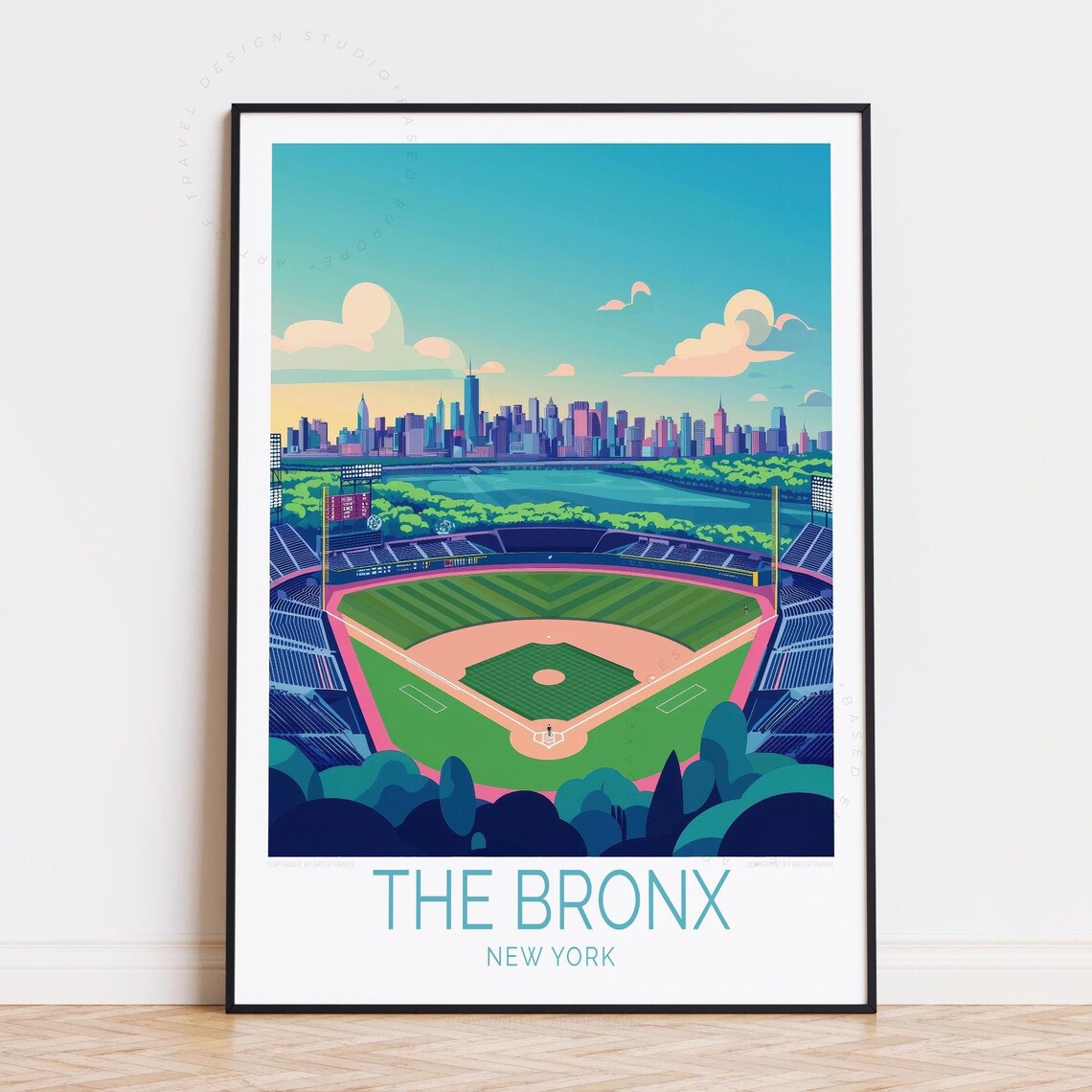 The Bronx New York Baseball Stadium City Skyline Vintage Travel Poster