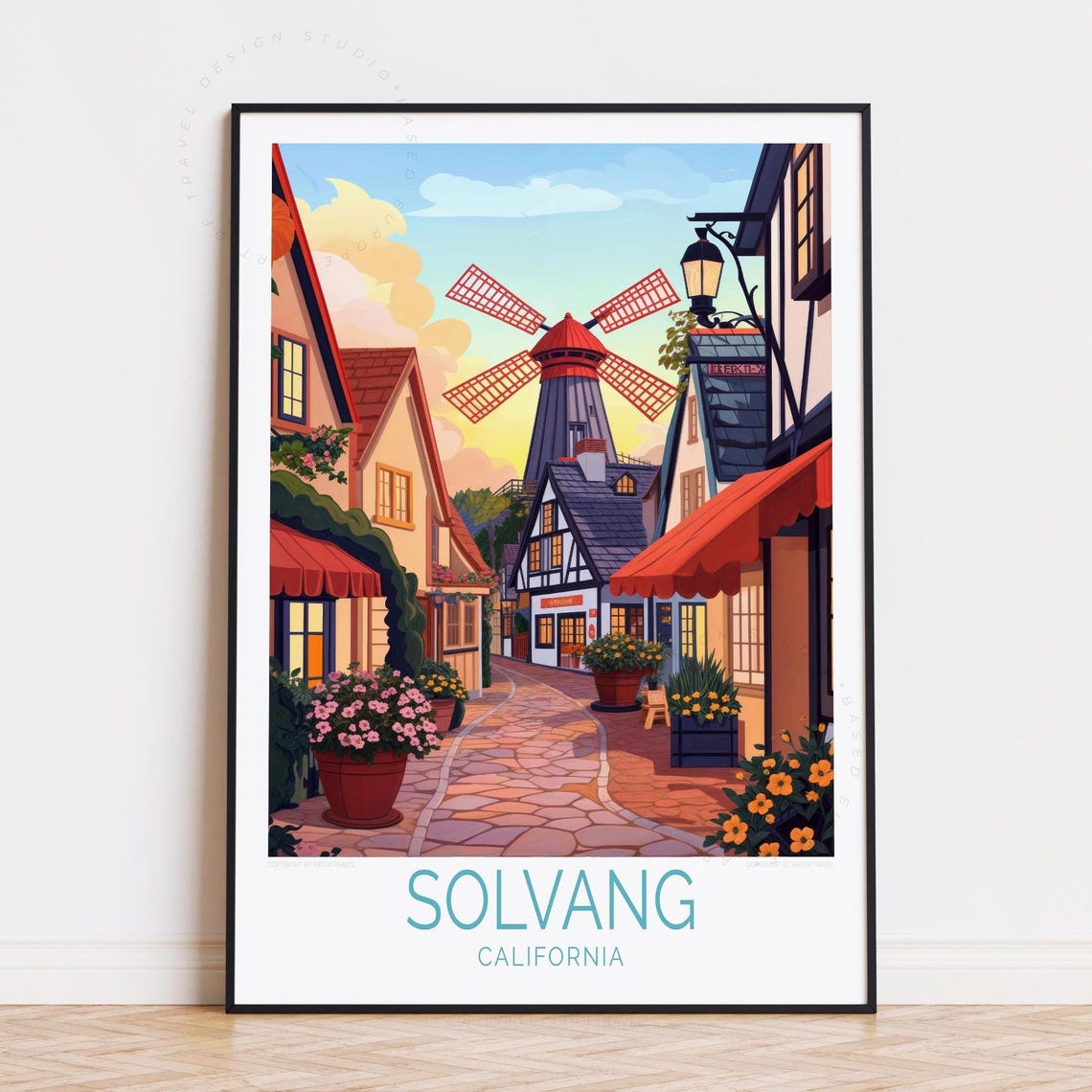 Solvang California Windmill Sunset Flower Shops Half Timbered Poster