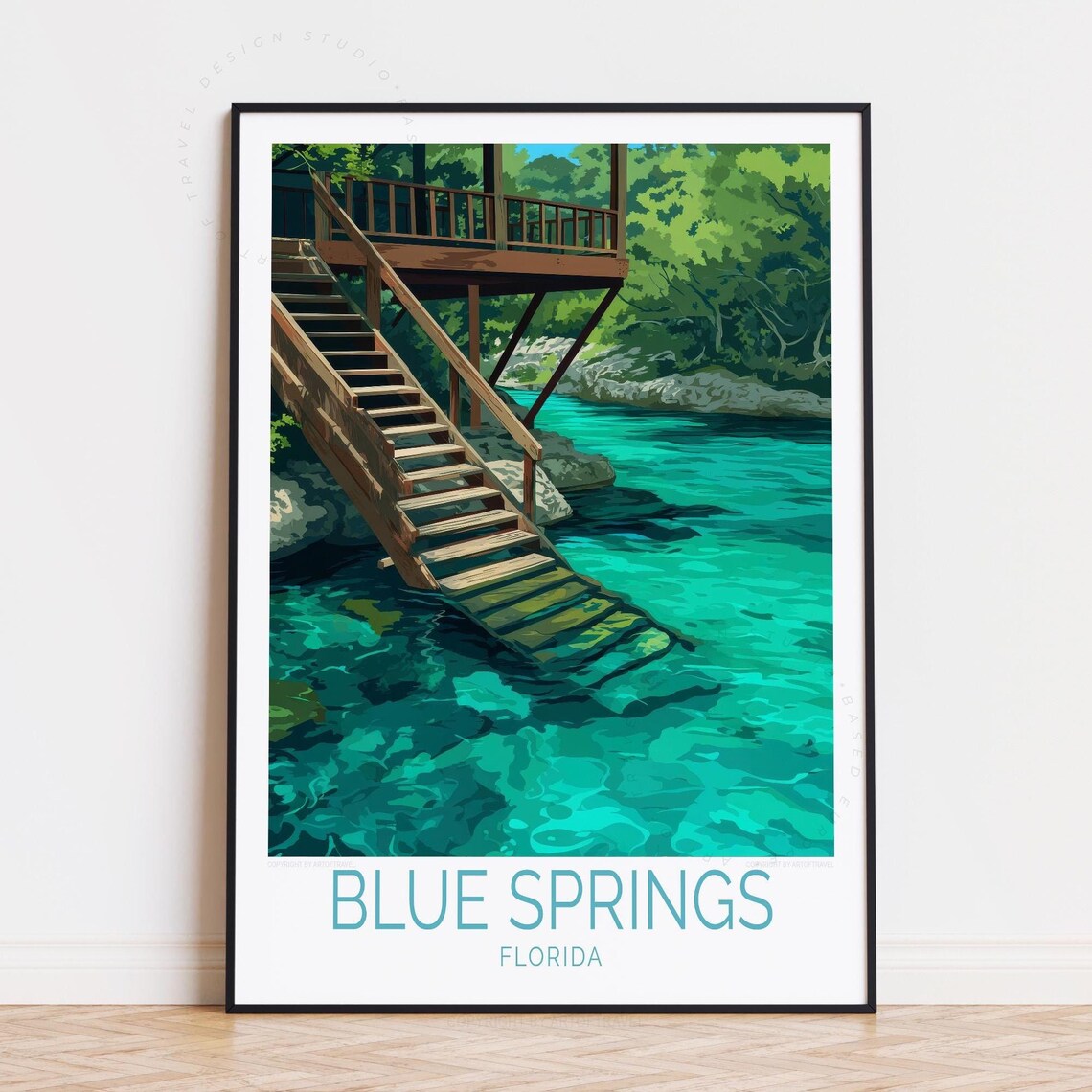 Blue Springs Florida Wooden Stairs Turquoise Water Travel Poster