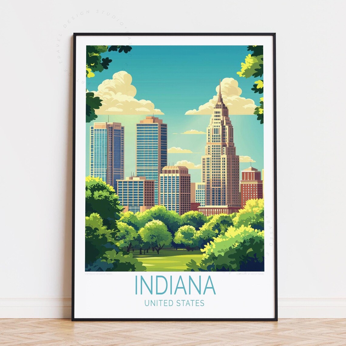 Indiana United States City Skyline Green Park Trees Travel Poster
