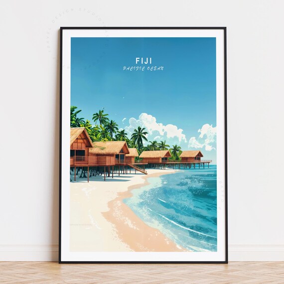 Fiji Pacific Ocean Overwater Bungalows Tropical Beach Travel Poster