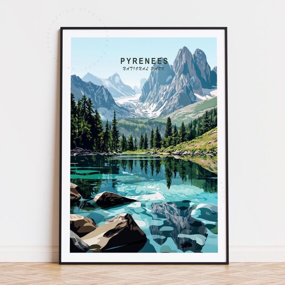Pyrenees National Park Mountain Lake Reflection Pines Travel Poster