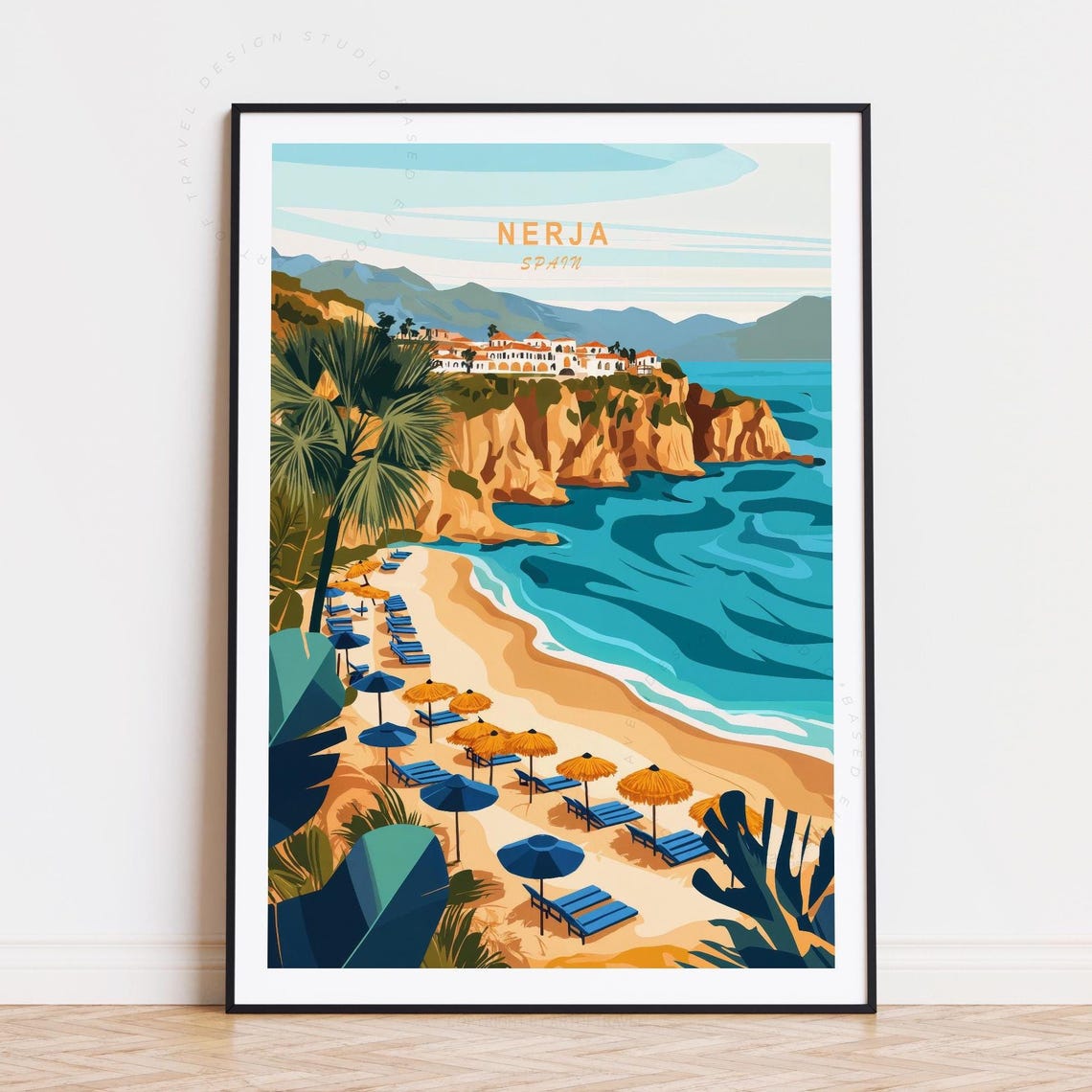 Nerja Spain Beach Cove Umbrellas Cliff Town Turquoise Sea Poster