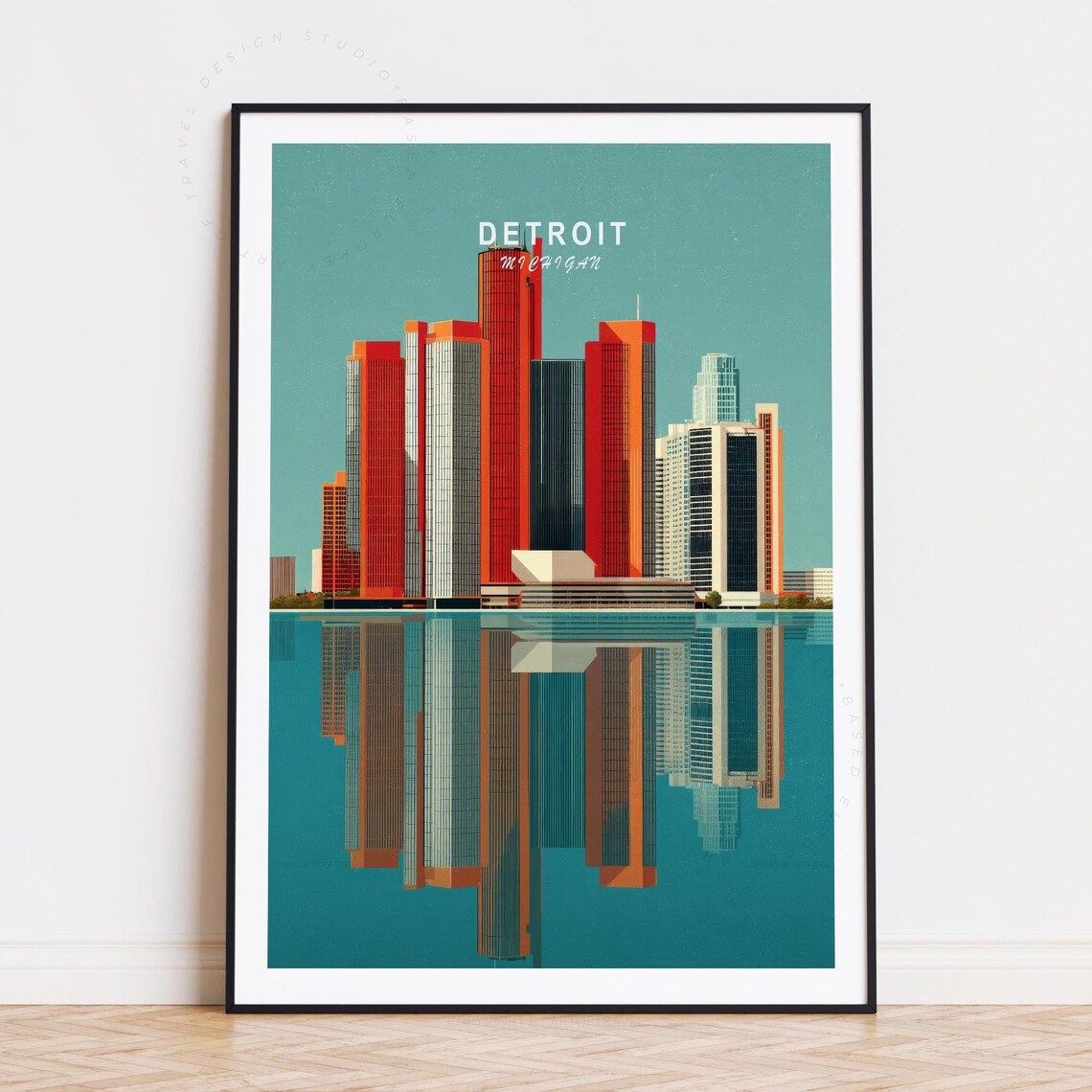 Detroit Michigan Downtown Skyline Reflection Waterfront Travel Poster