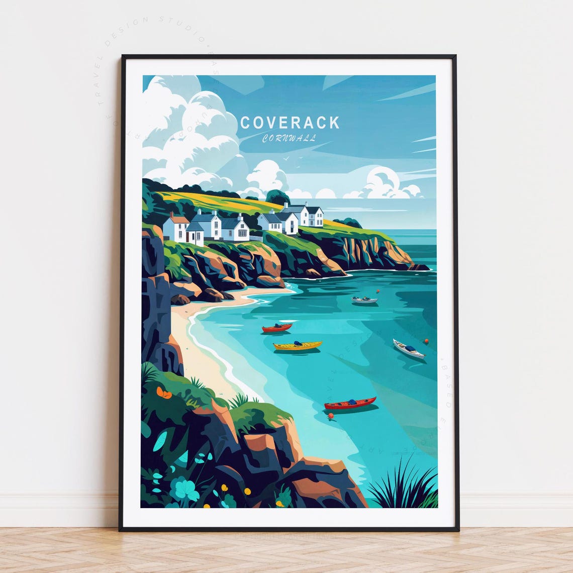 Coverack Cornwall Coastal Village Boats Cliffs Vintage Travel Poster
