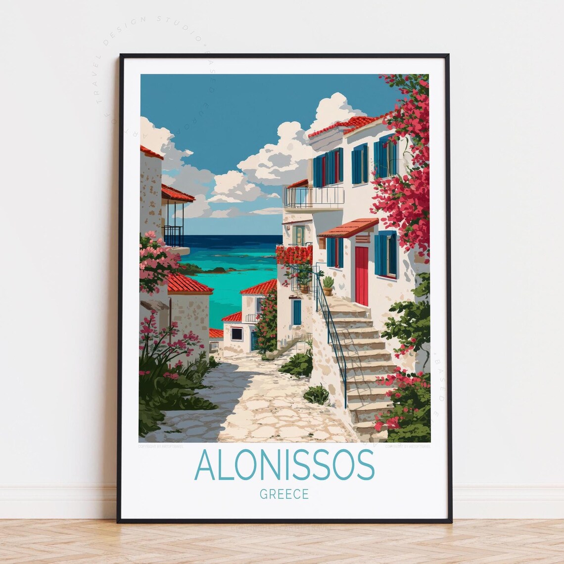 Alonissos Greece Island Whitewashed Houses Blue Shutters Travel Poster