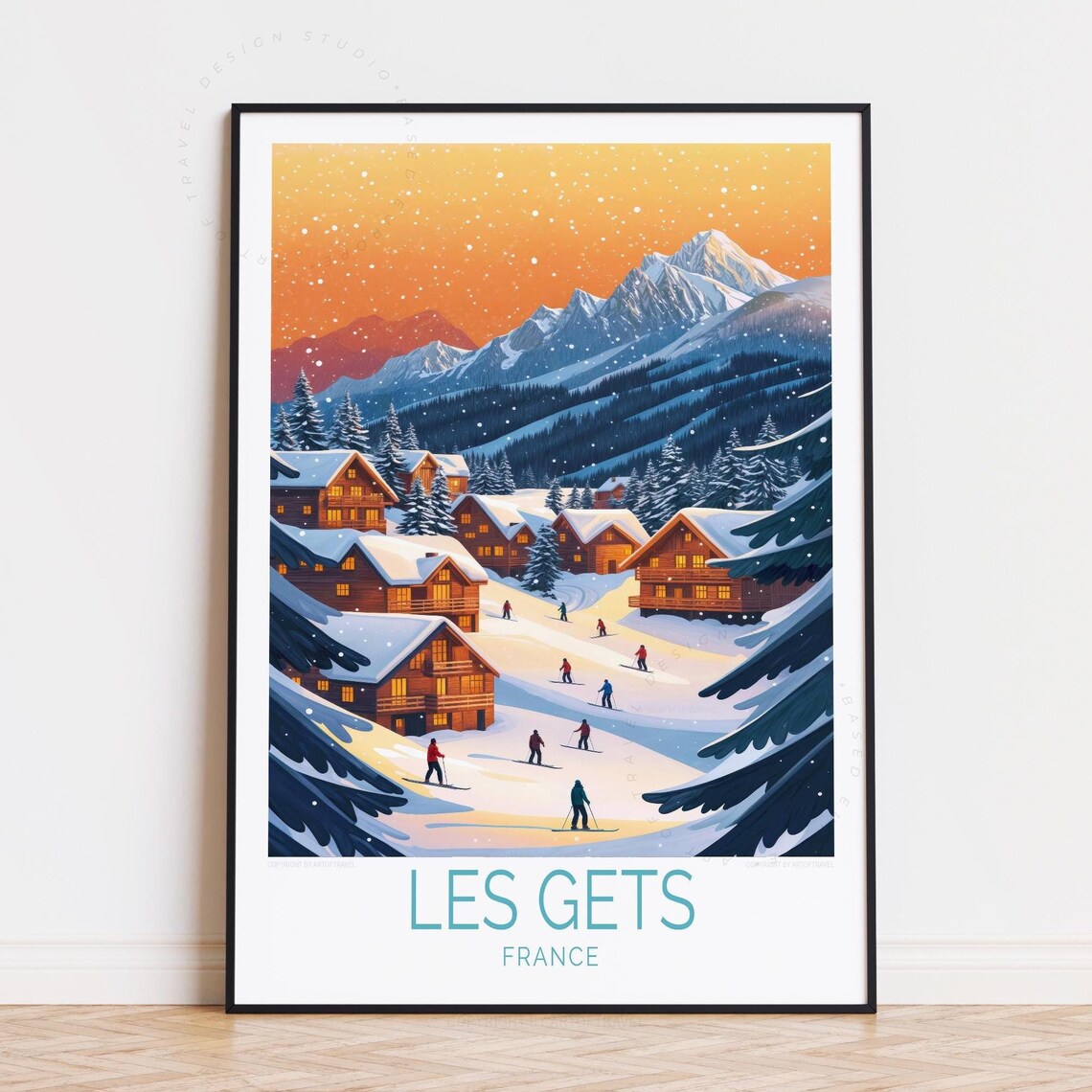 Les Gets France Snowy Ski Village Chalets at Sunset Travel Poster