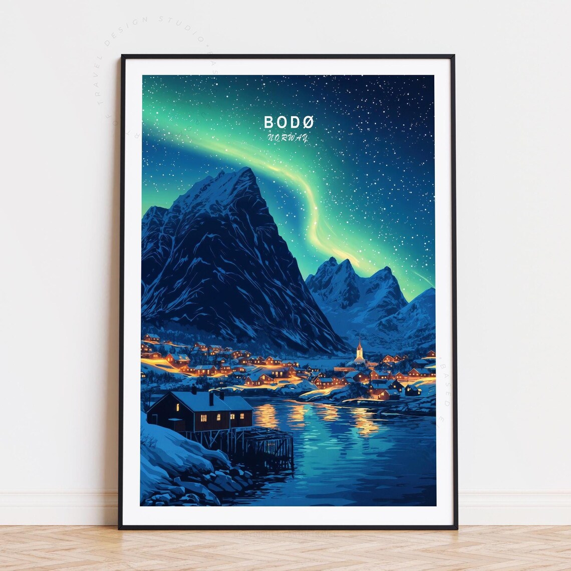 Bodø Norway Northern Lights Dancing Over Snowy Mountain Village Poster