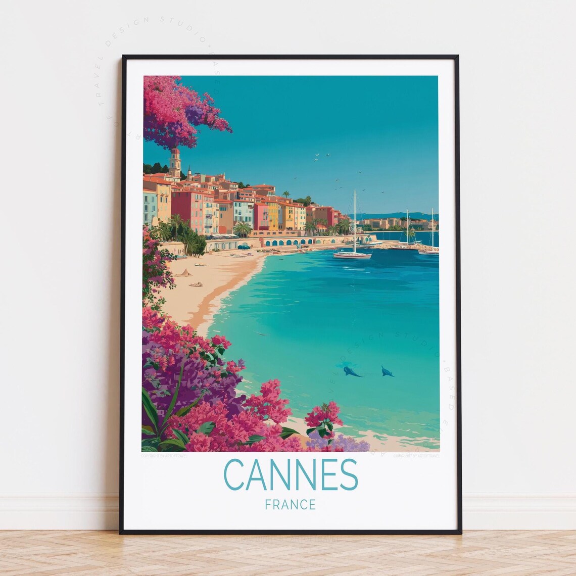Cannes France Old Town Harbor Beach Colorful Coastline Travel Poster