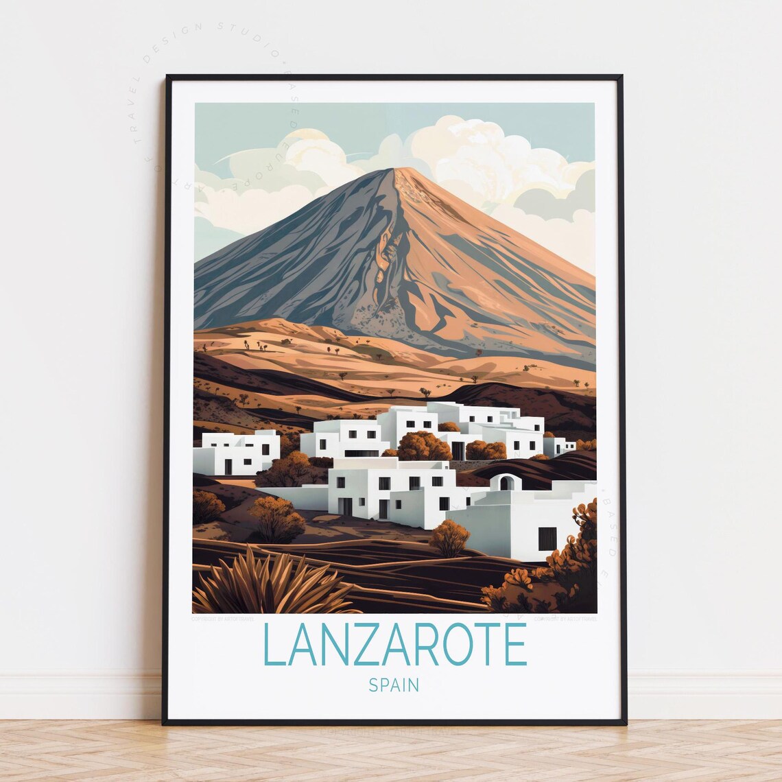 Lanzarote Spain Travel Poster Volcano White Village Canary Art