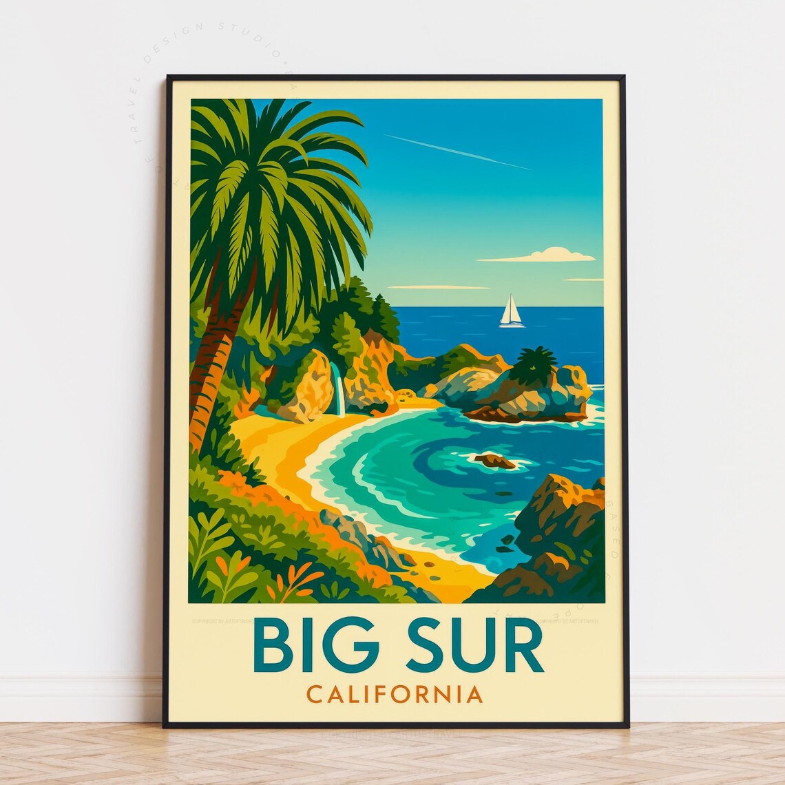 Big Sur California Retro Beach Cove Palm Waterfall Sailboat Poster
