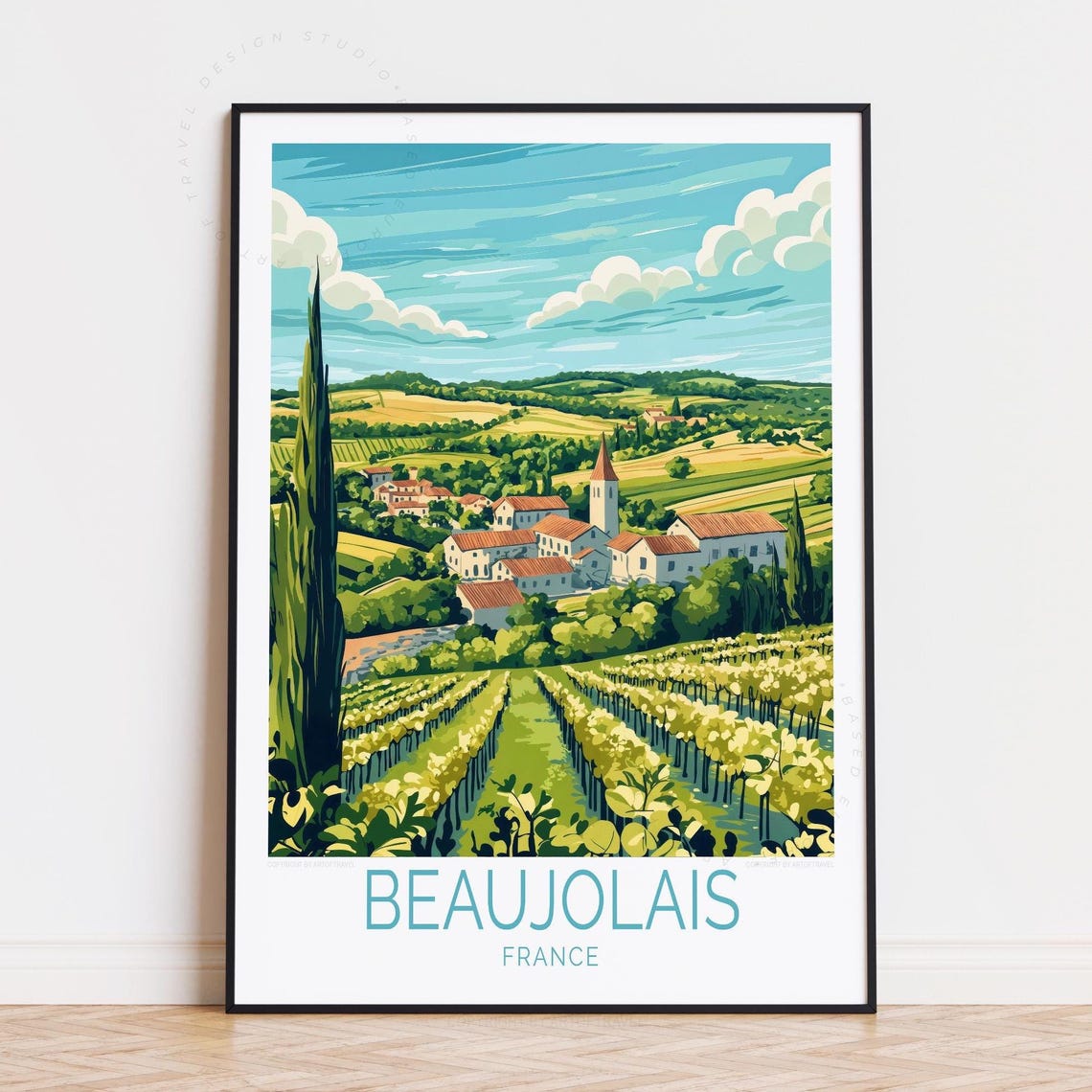 Beaujolais France Vineyard Rows Old Town Summer Travel Poster