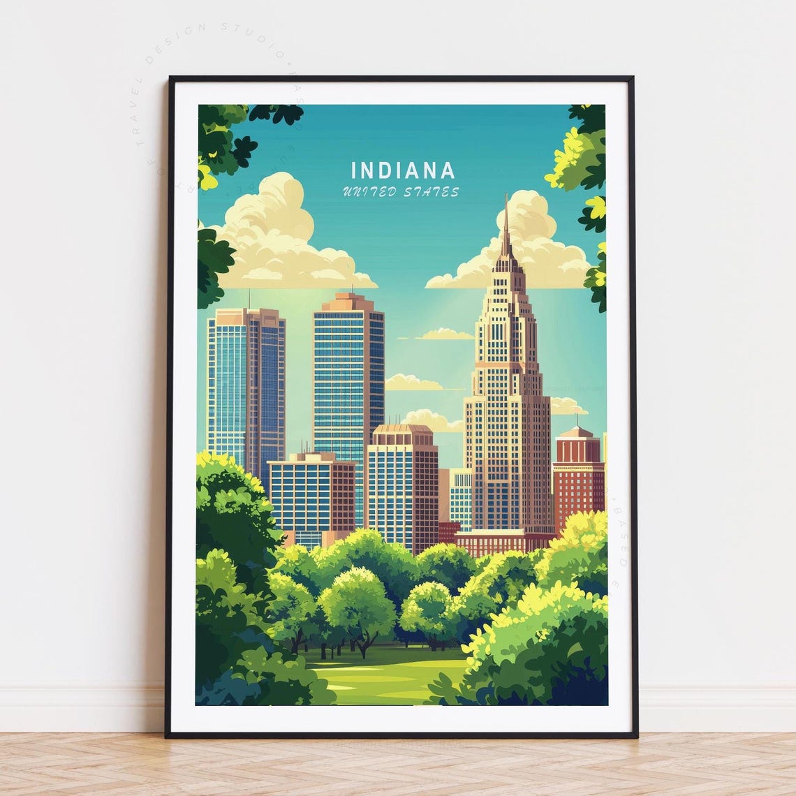 Indiana United States Downtown Skyline Green Park Travel Poster