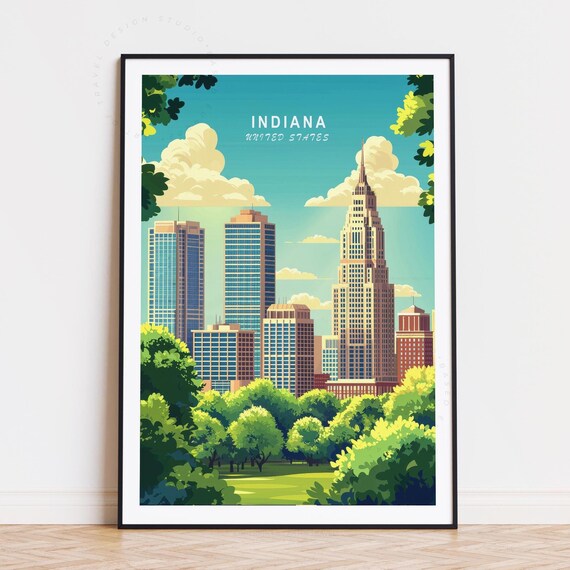 Indiana United States Downtown Skyline Green Park Travel Poster
