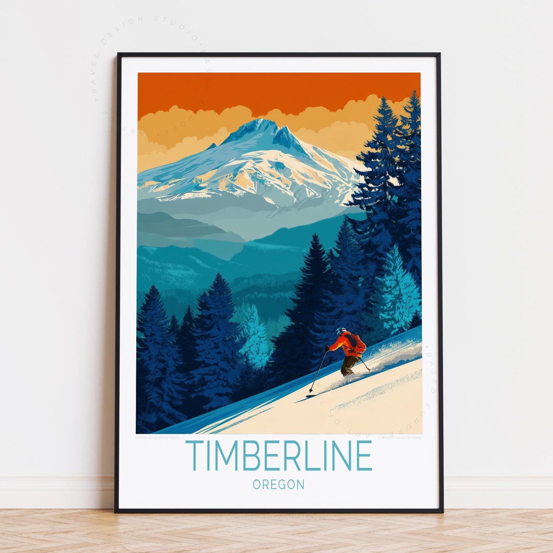 Timberline Oregon Snowy Peak Pine Forest Downhill Skier Travel Poster