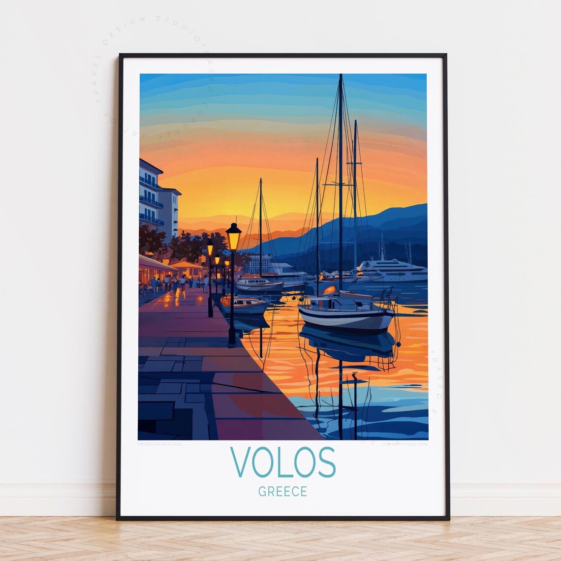 Volos Greece Sunset Harbor Lamppost Sailboats Dusk Travel Poster