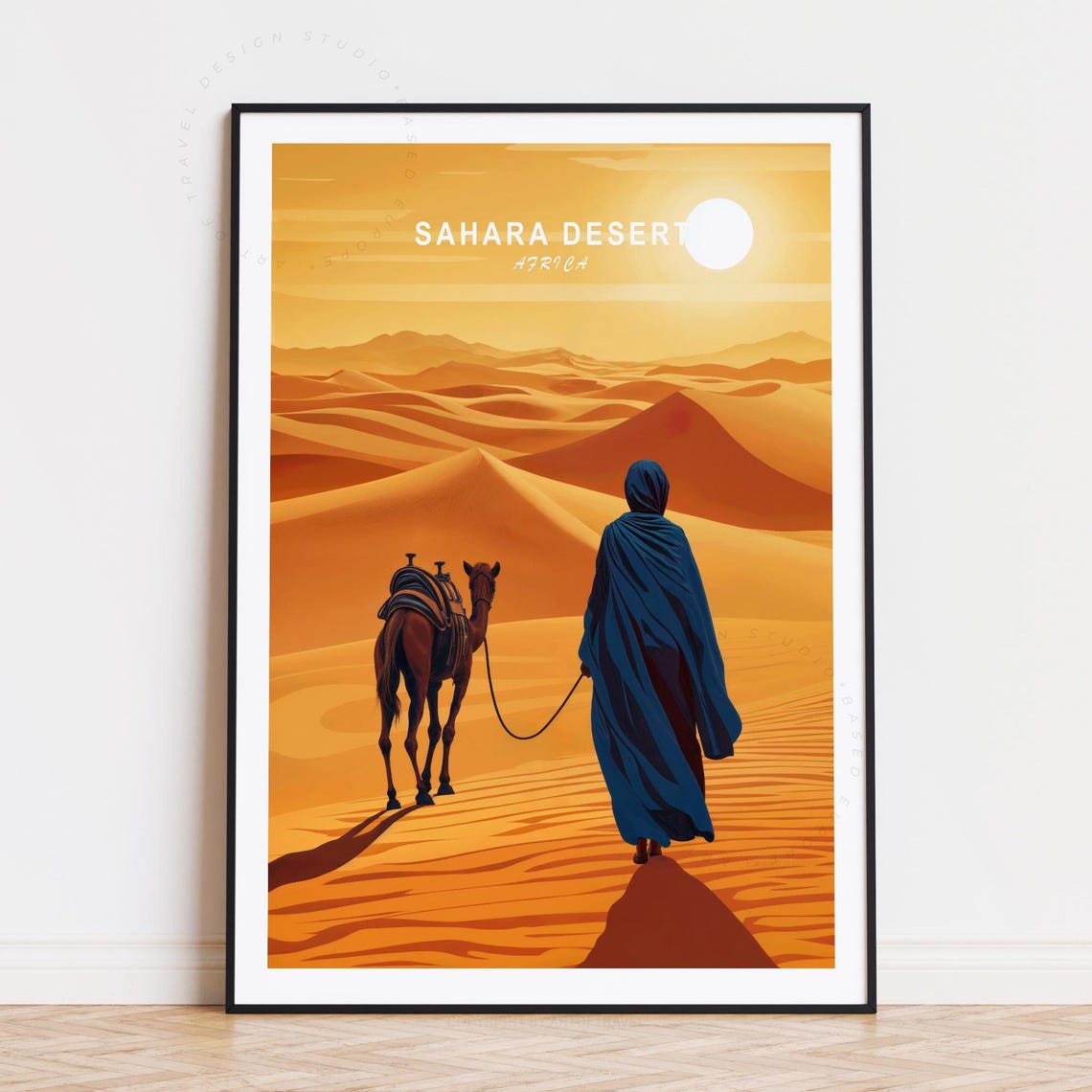 Sahara Desert Africa Camel Dunes Traveler Sunset Travel Poster