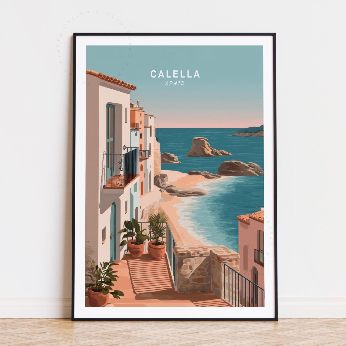 Calella Spain Coastal Stairs Rocky Cove Beach Vintage Travel Poster