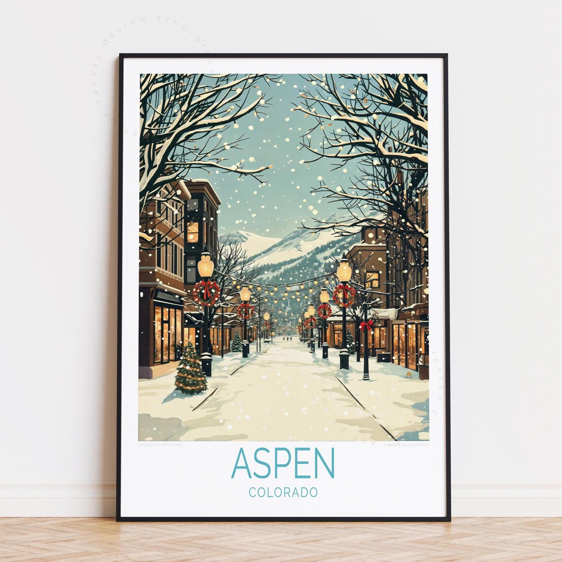 Aspen Colorado Snowy Main Street with Christmas Lights Poster