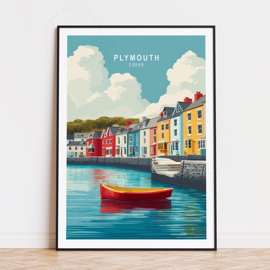 Plymouth Devon England Waterfront Quay Houses Retro Style Poster