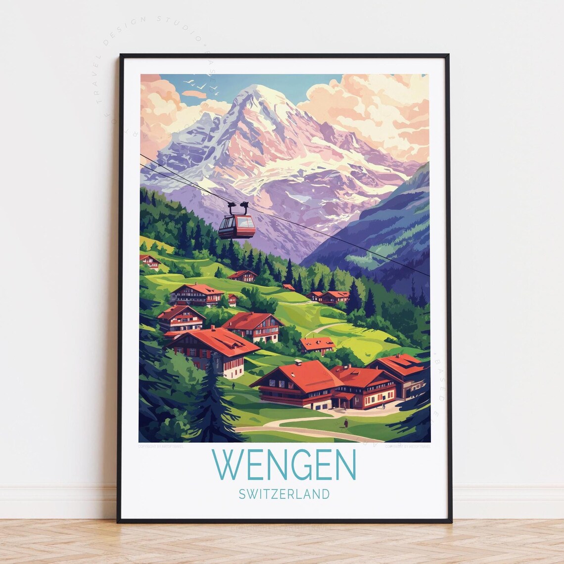 Wengen Switzerland Alpine Village with Cable Car Mountain Poster