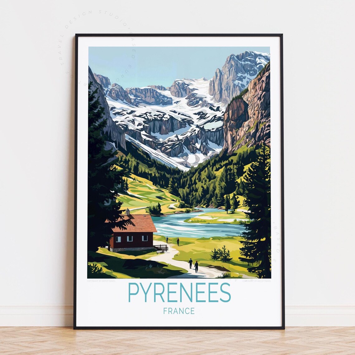 Pyrenees France Riverside Cabin Hikers Snowy Peaks Valley View Poster