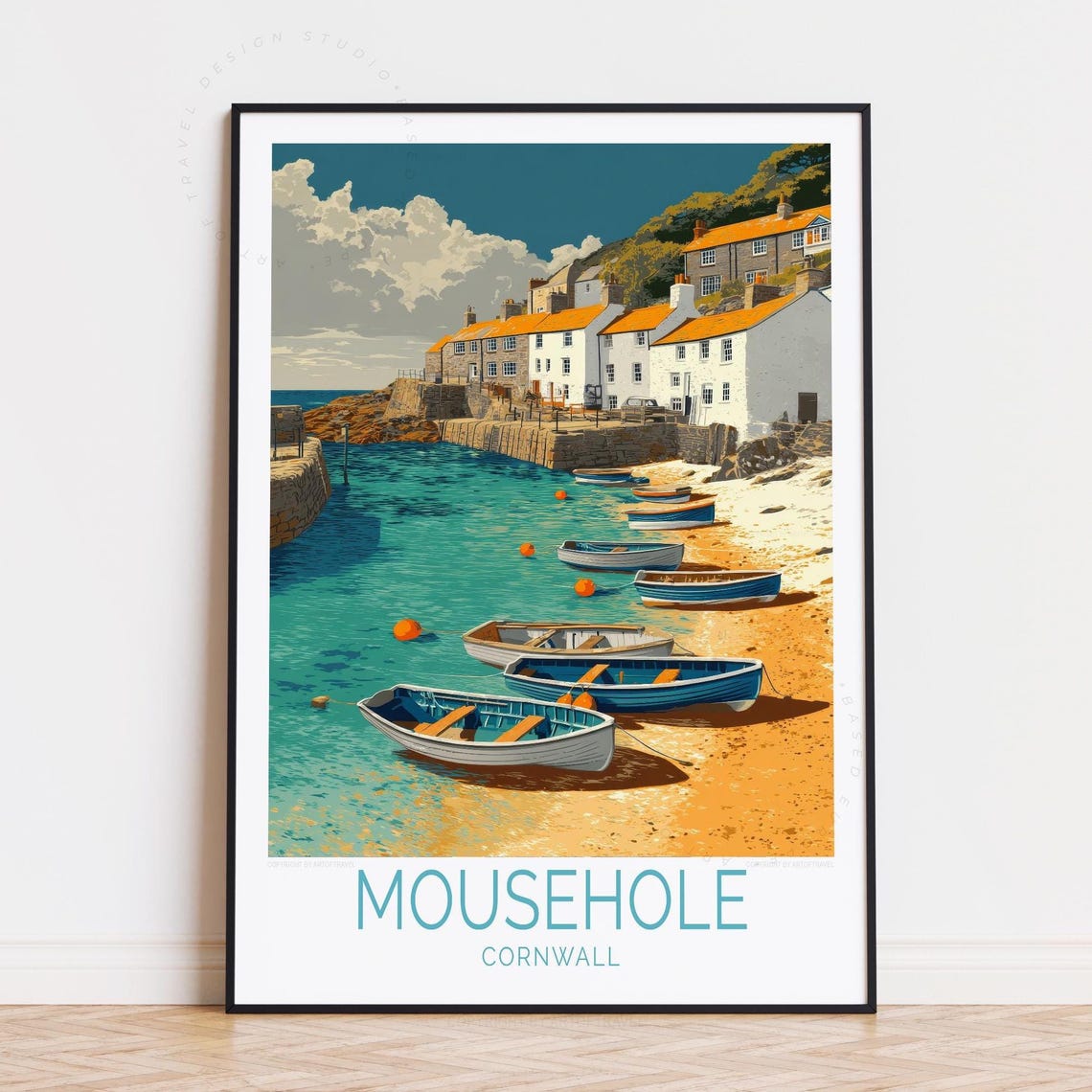 Mousehole Cornwall Harbor Rowboats Sandy Beach Travel Poster