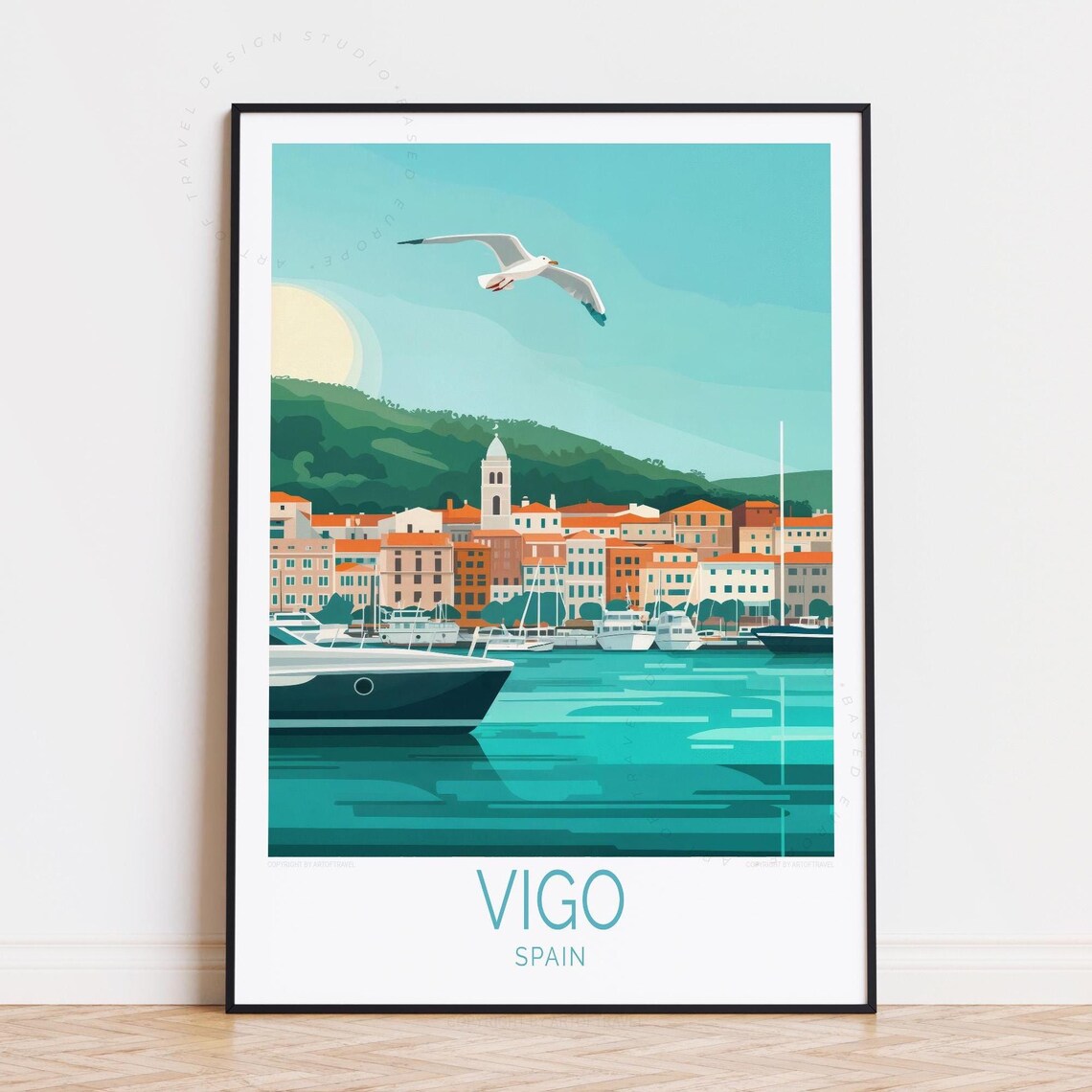 Vigo Spain Waterfront Marina Seagull Church Tower Travel Poster