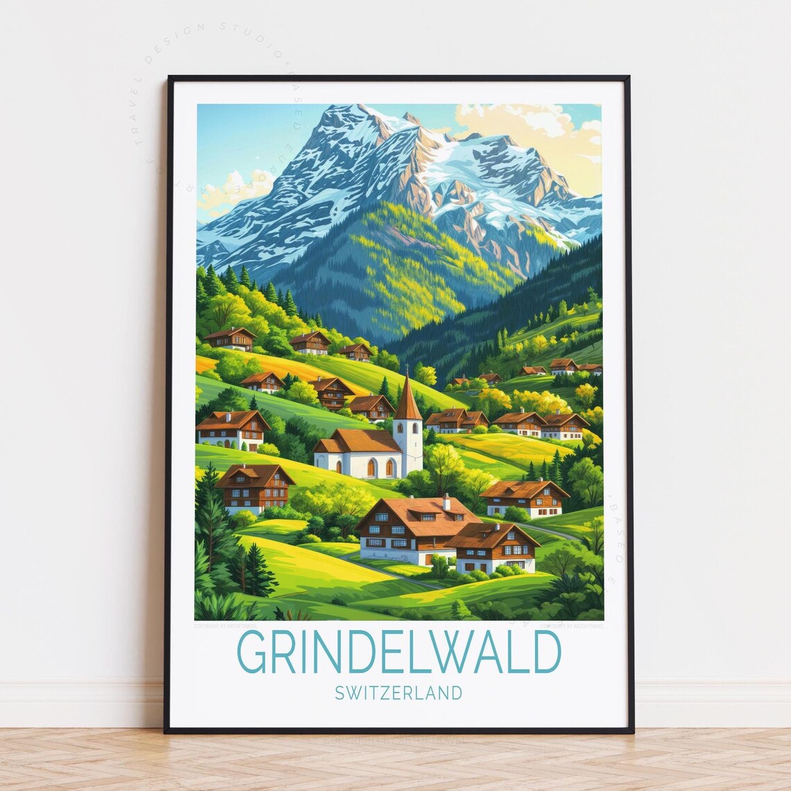 Grindelwald Switzerland Alpine Village Church Mountain Travel Poster