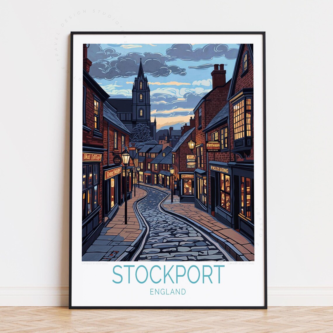 Stockport England Historic Street At Dusk Brick Pubs Travel Poster