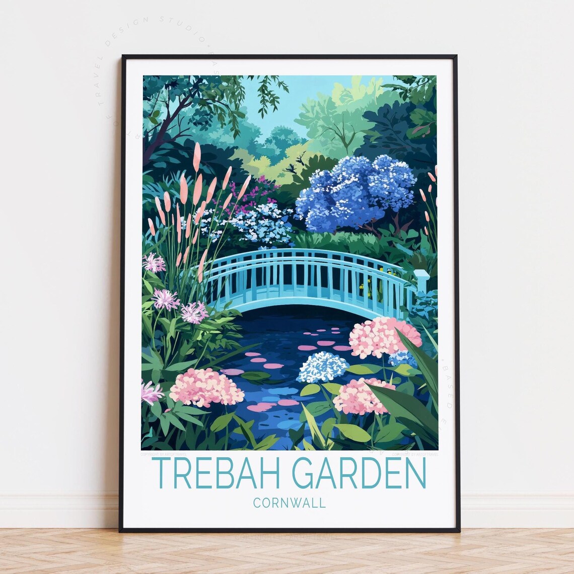 Trebah Garden Cornwall Vintage Travel Poster Blue Bridge Pond Art