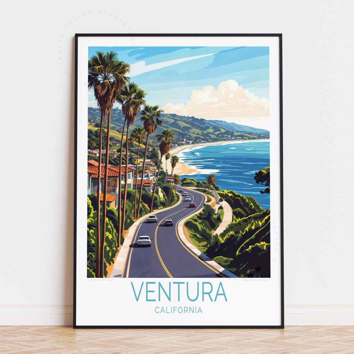 Ventura California Winding Coast Road with Palms and Ocean View Poster