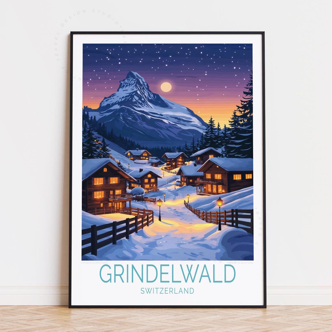 Grindelwald Switzerland Snowy Village Moonlit Alpine Night Poster