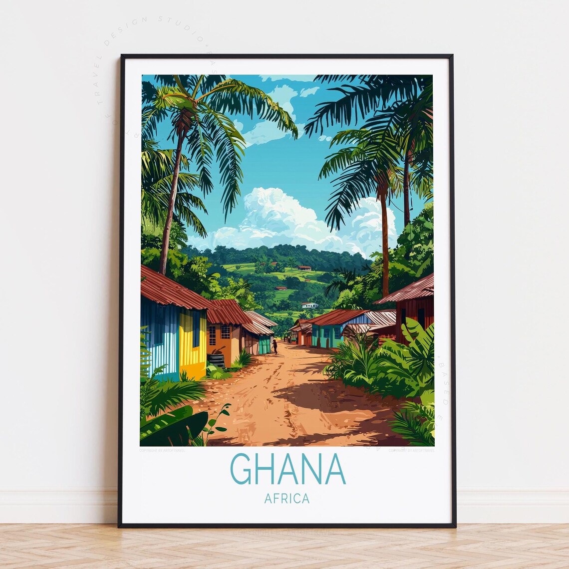 Ghana Africa Tropical Village Street Palm Trees Travel Poster
