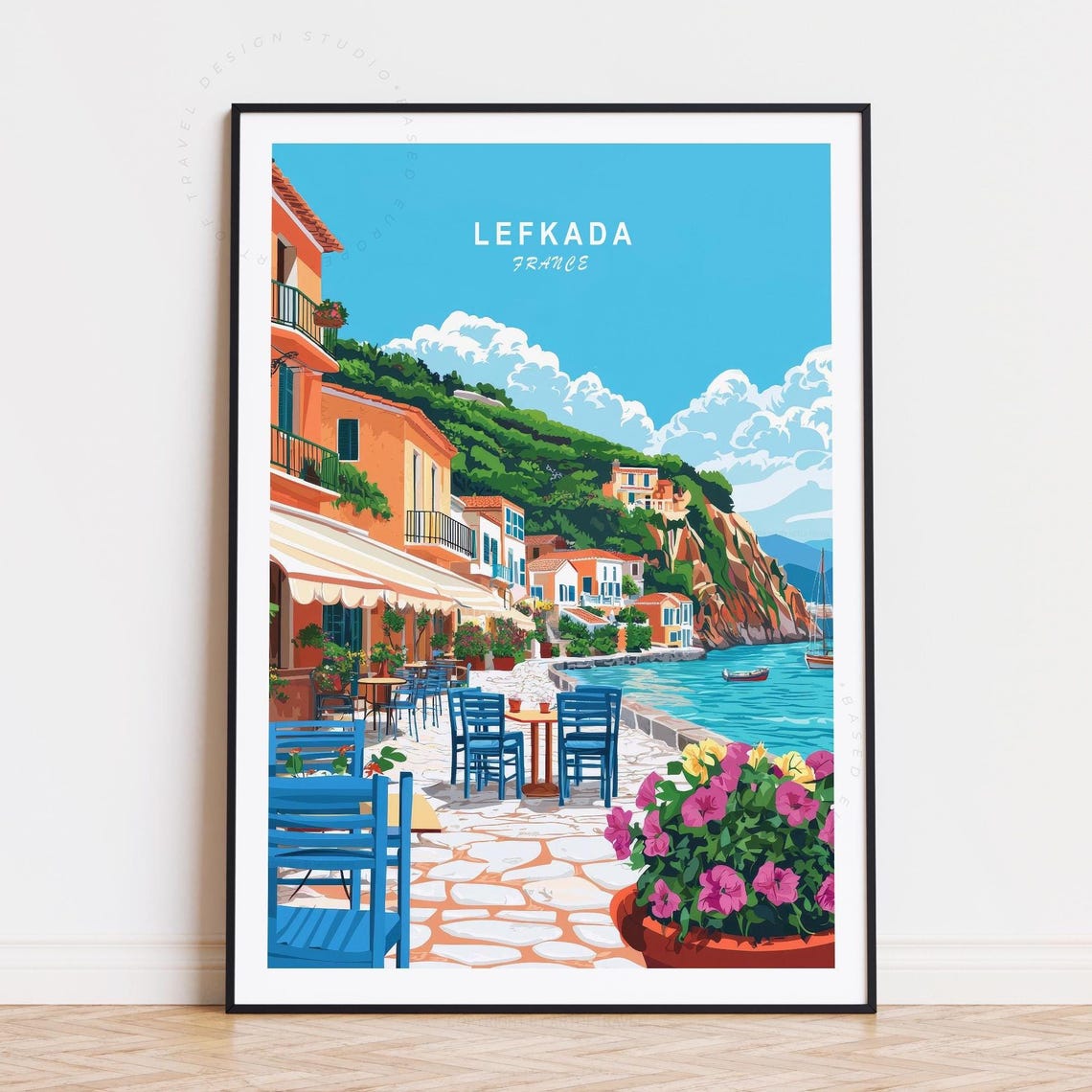 Lefkada Greece Waterfront Taverna Blue Chairs Coastal Travel Poster